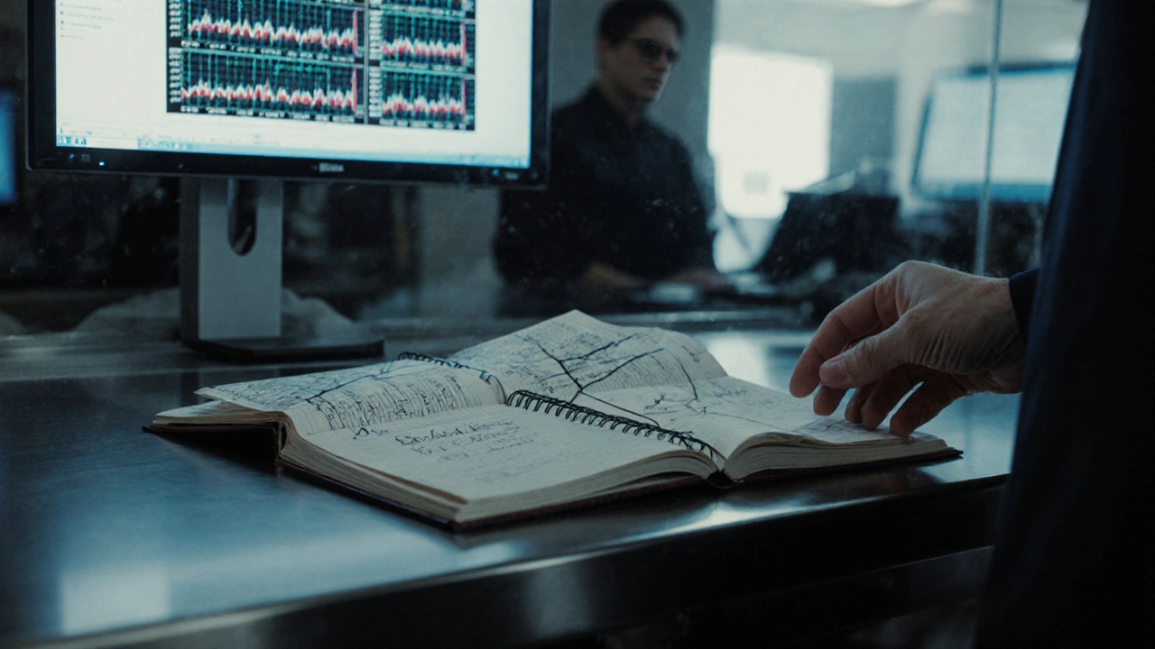 Cracked lab logbook with blurred notes, shadowy hand closing it as investigator watches.