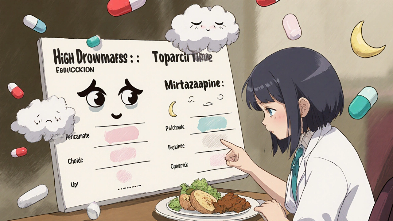 Doctor’s office chart comparing Periactin, Topiramate, and Mirtazapine with symbolic visuals of drowsiness, sleep, and appetite.