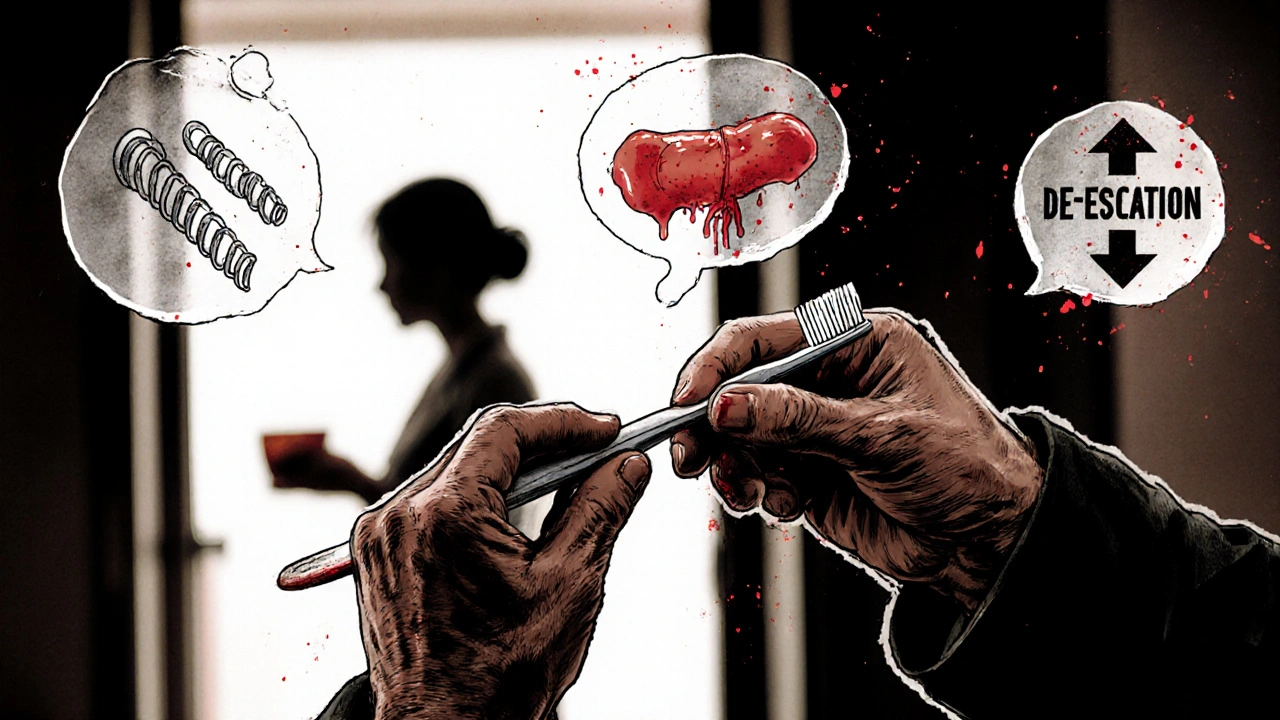 Elderly man brushing teeth with faint blood on brush, family member watching in background