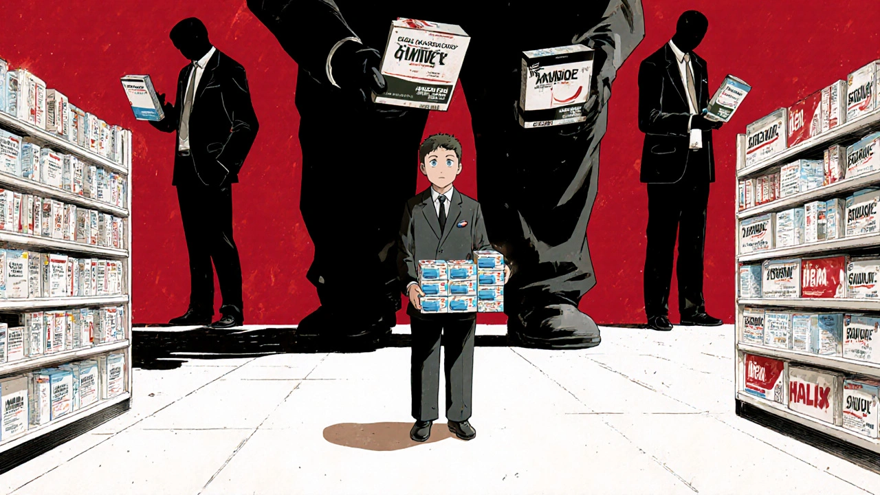 Generic manufacturer dwarfed by corporate figures holding identical pills with hidden brand logos.