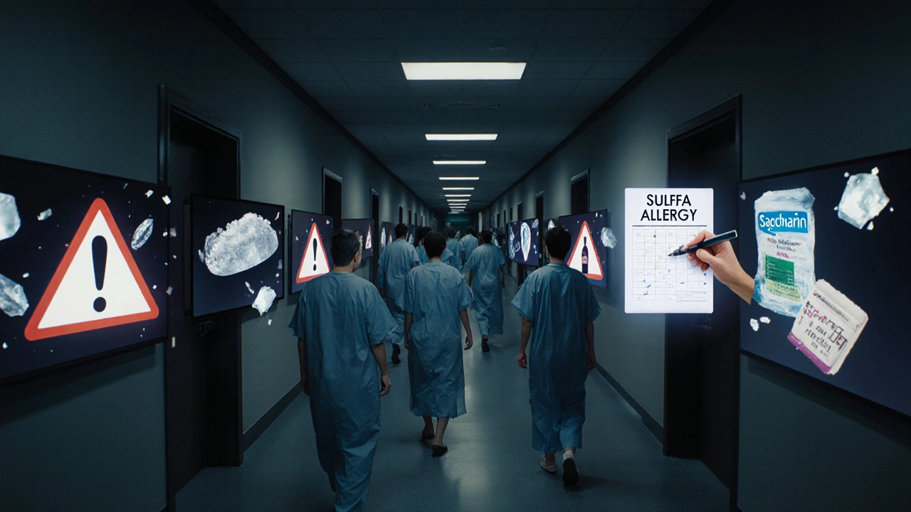 Hospital hallway at night with shattering allergy alerts, replaced by harmless sulfur-containing items, pharmacist correcting chart.