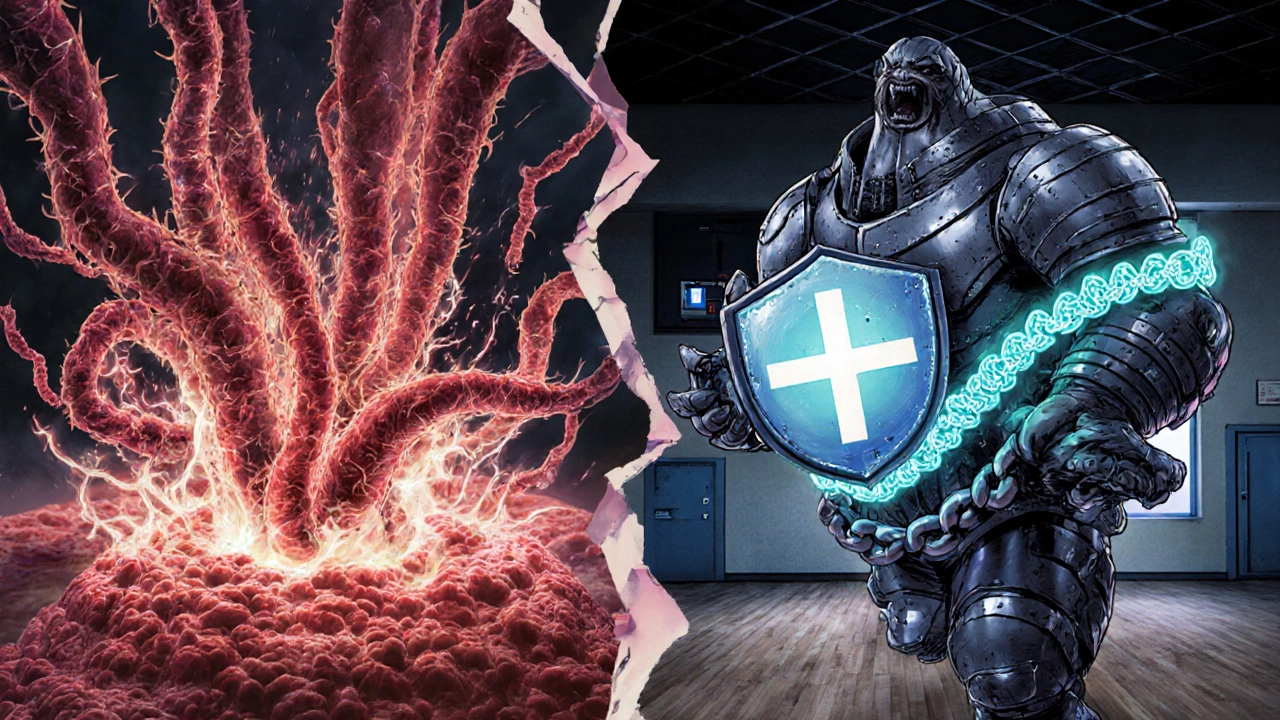 Hybrid MRSA strain with toxin tendrils and antibiotic-resistant armor, merging community and hospital infection symbols.