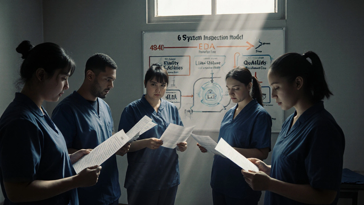 Manufacturing team reviewing mock FDA 483 forms under a 6-System Inspection chart.