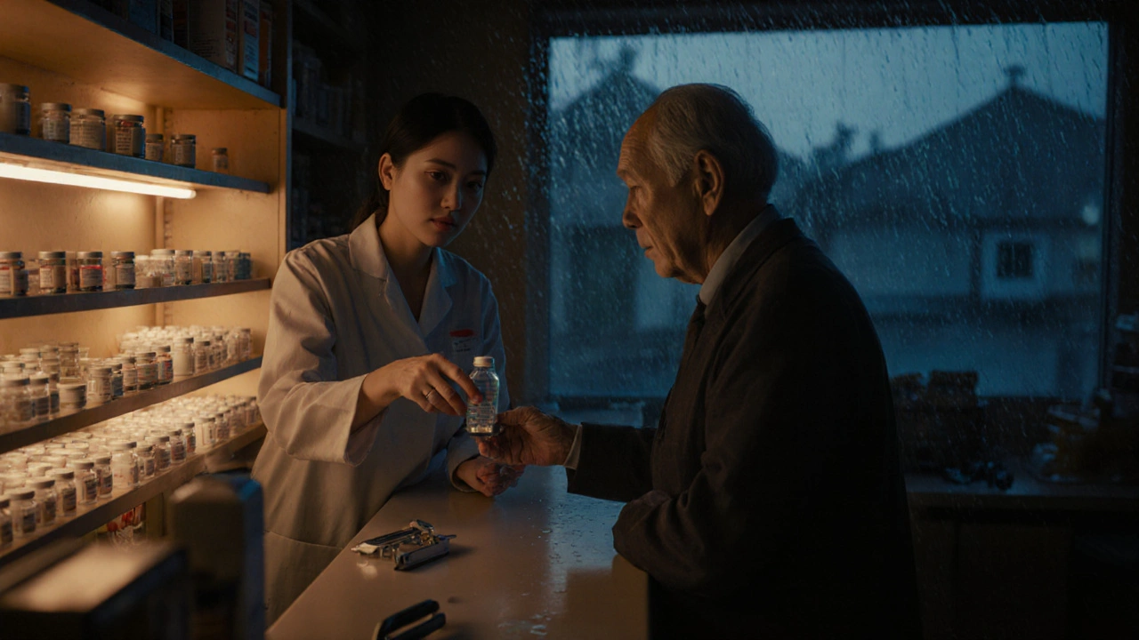 Pharmacist giving liquid medication to an elderly patient in a quiet pharmacy.