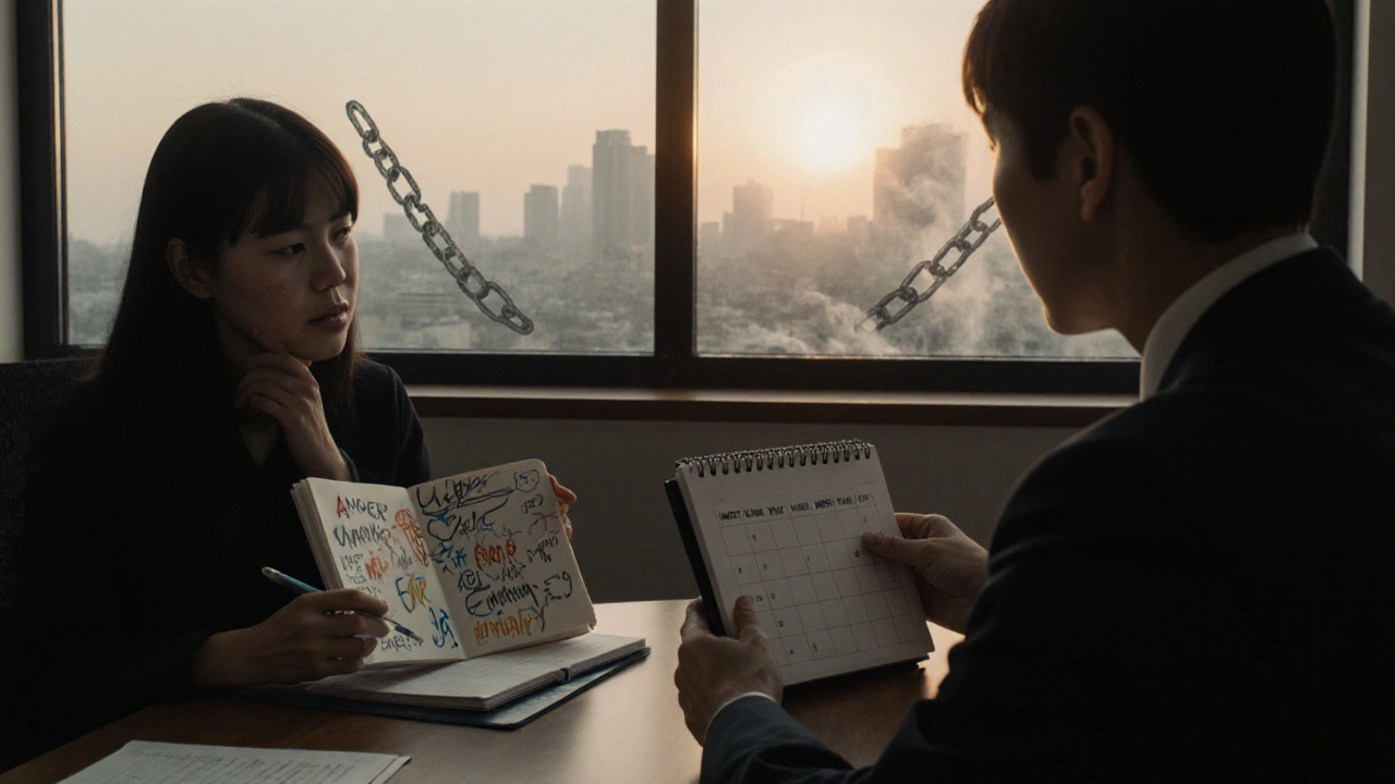 Psychiatrist and patient in an office, calendar on table, dawn light through window.