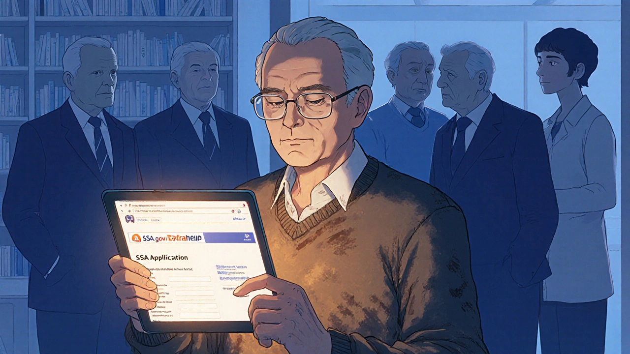 Senior man applying for Extra Help on tablet at library, librarian offering support in background.