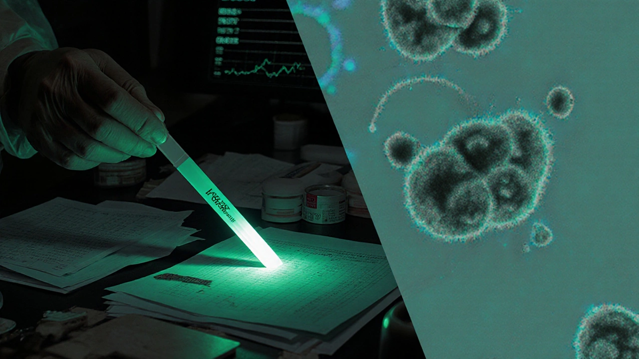 Split image: ATP test glow beside microscopic Salmonella cells, with paper logs and digital dashboard.