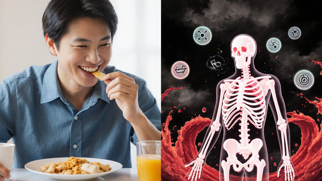 Split image: man taking goldenseal vs. his body&#039;s enzymes shattering as toxic waves spread through his bloodstream.