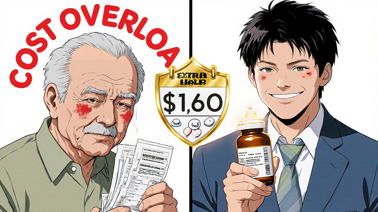 Split image: senior overwhelmed by drug costs vs. relieved with low-cost pills and Extra Help shield.