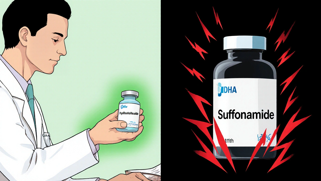 Split scene: calm patient receiving safe diuretic vs. distorted antibiotic with red warning lines.