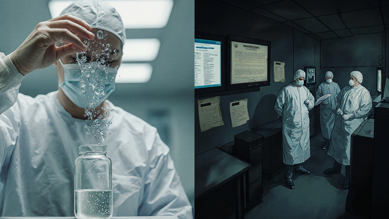 Split scene: contaminated vial vs. clean facility with secure data systems, showing transformation after FDA intervention.