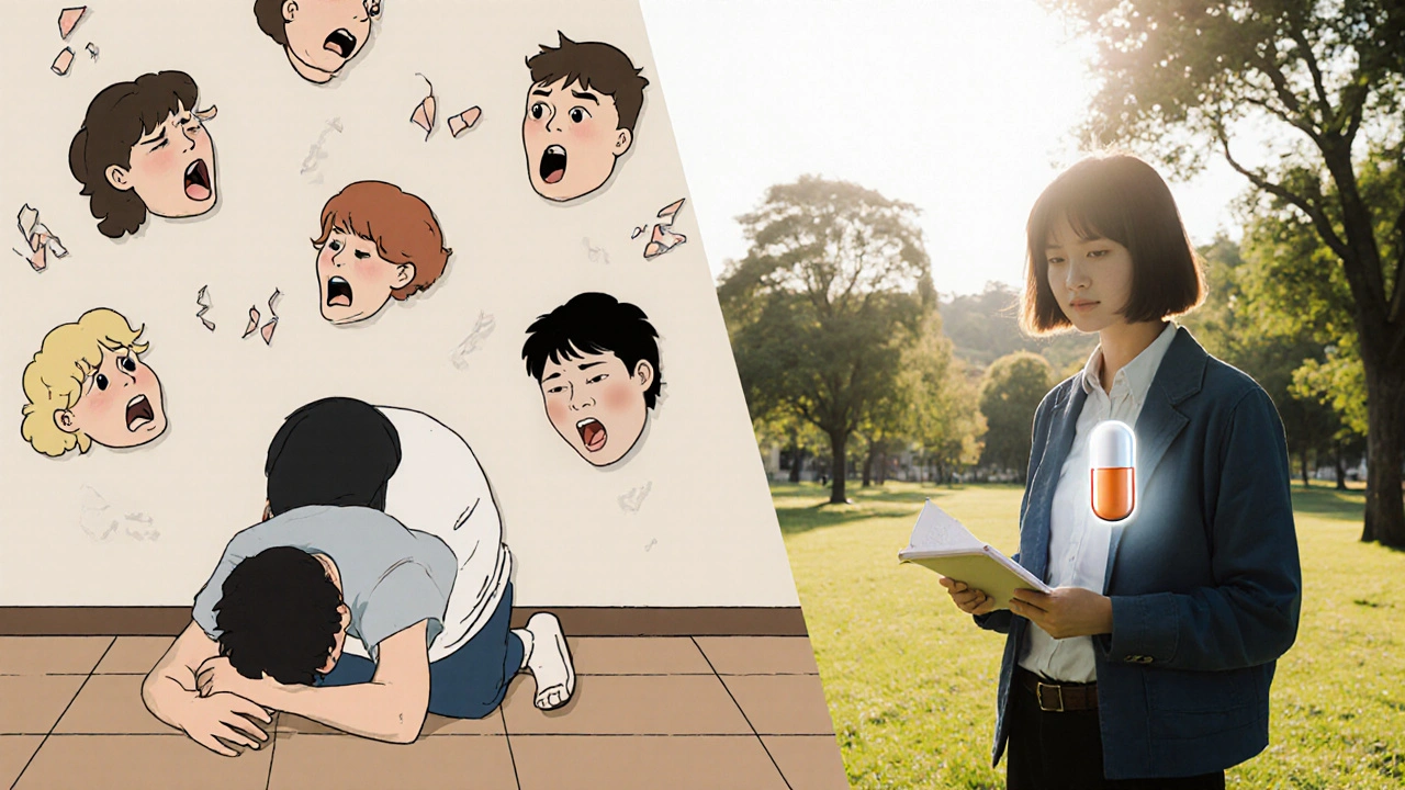 Split scene: person in agony vs. calm in park, pill dissolving into chest as symbol of stability.