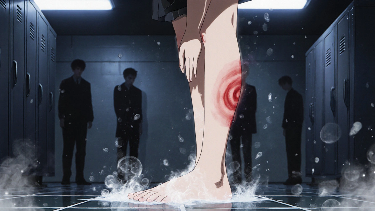 Teenager with ringworm rash on thigh and feet in wet locker room, others turning away.