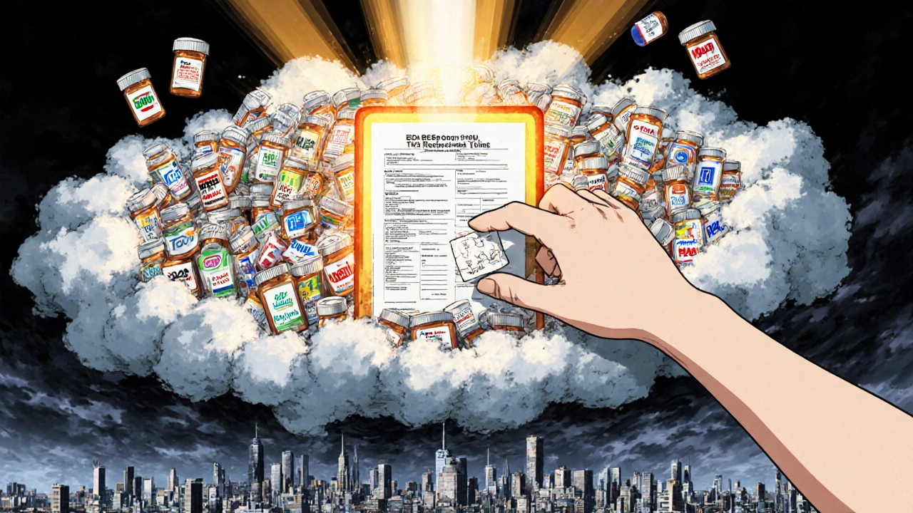 Thousands of generic pill bottles forming a storm cloud as one is submitted to a safety report system.