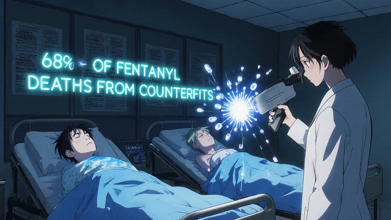 Three blue-tinged patients in an ER as a doctor scans a fake pill with a device projecting toxic chemicals in holograms.