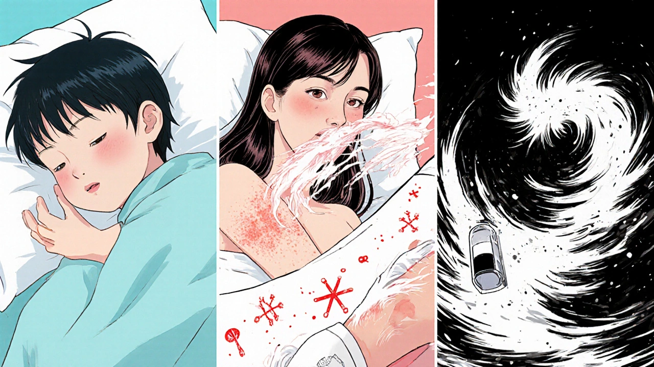 Three-panel scene: peaceful sleep with mirtazapine, itch relief with cetirizine, and serotonin emergency with cyproheptadine injection.