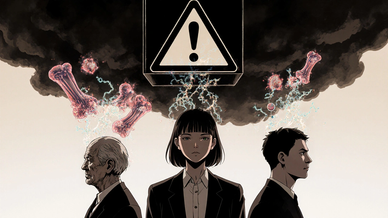 Three patients with translucent tendon damage overlays under a black-box warning.