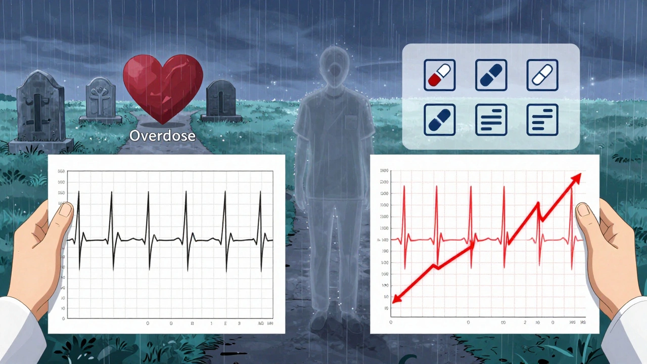 A clinician comparing ECGs as a patient faces two paths — one to cardiac death, the other to safer treatment.