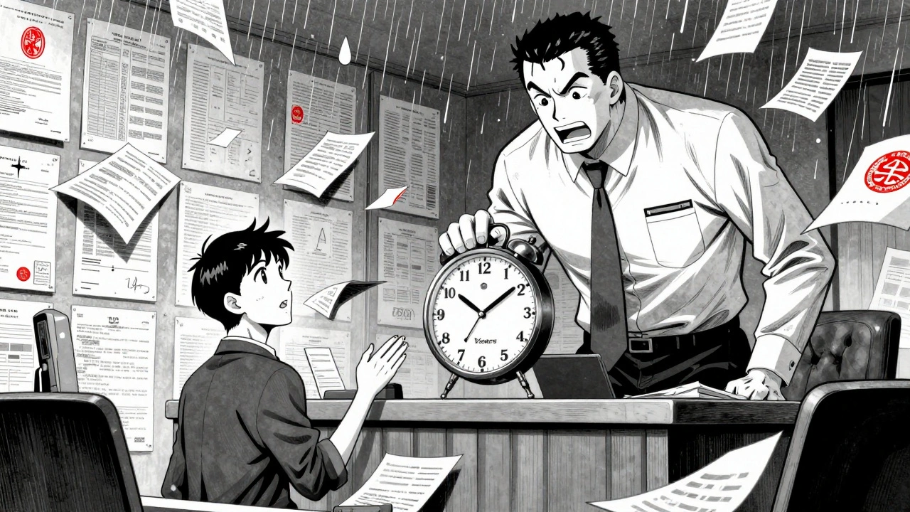 A courtroom scene with a generic drug maker confronting an FDA official beside a crumbling wall of patents.