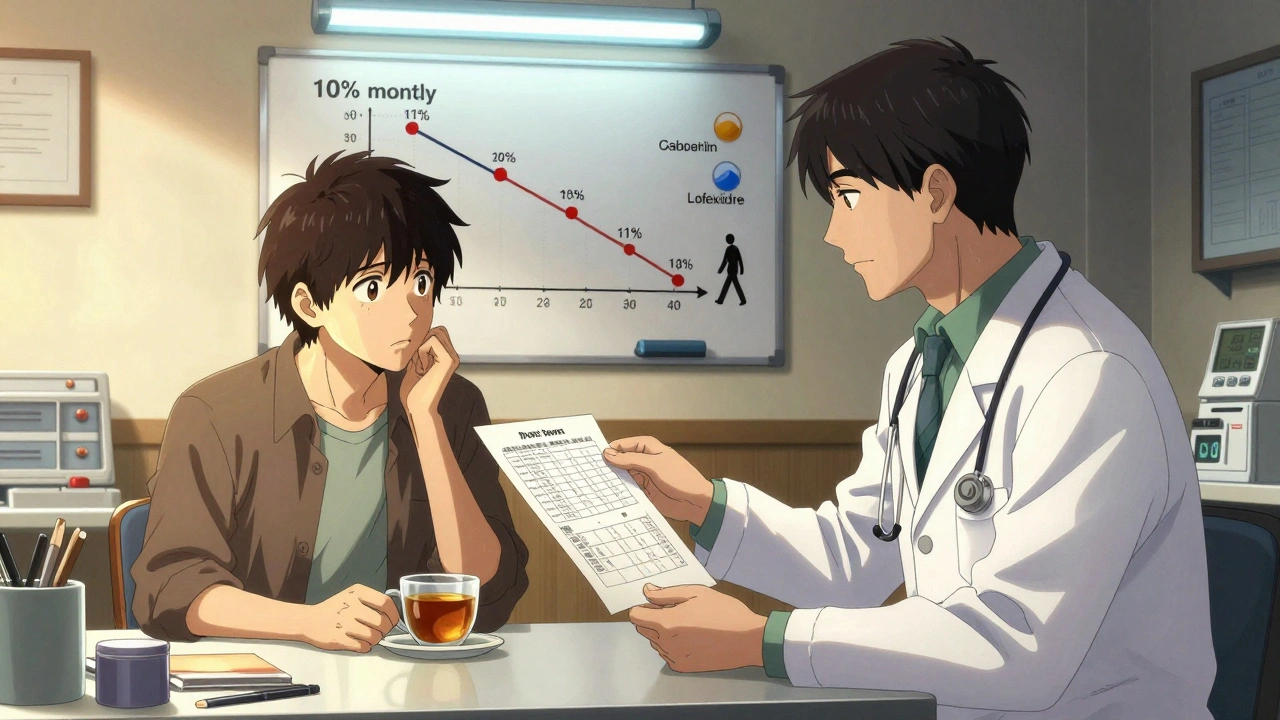 A doctor and patient review a slow taper plan together in a clinic, warm light highlighting hope and care.