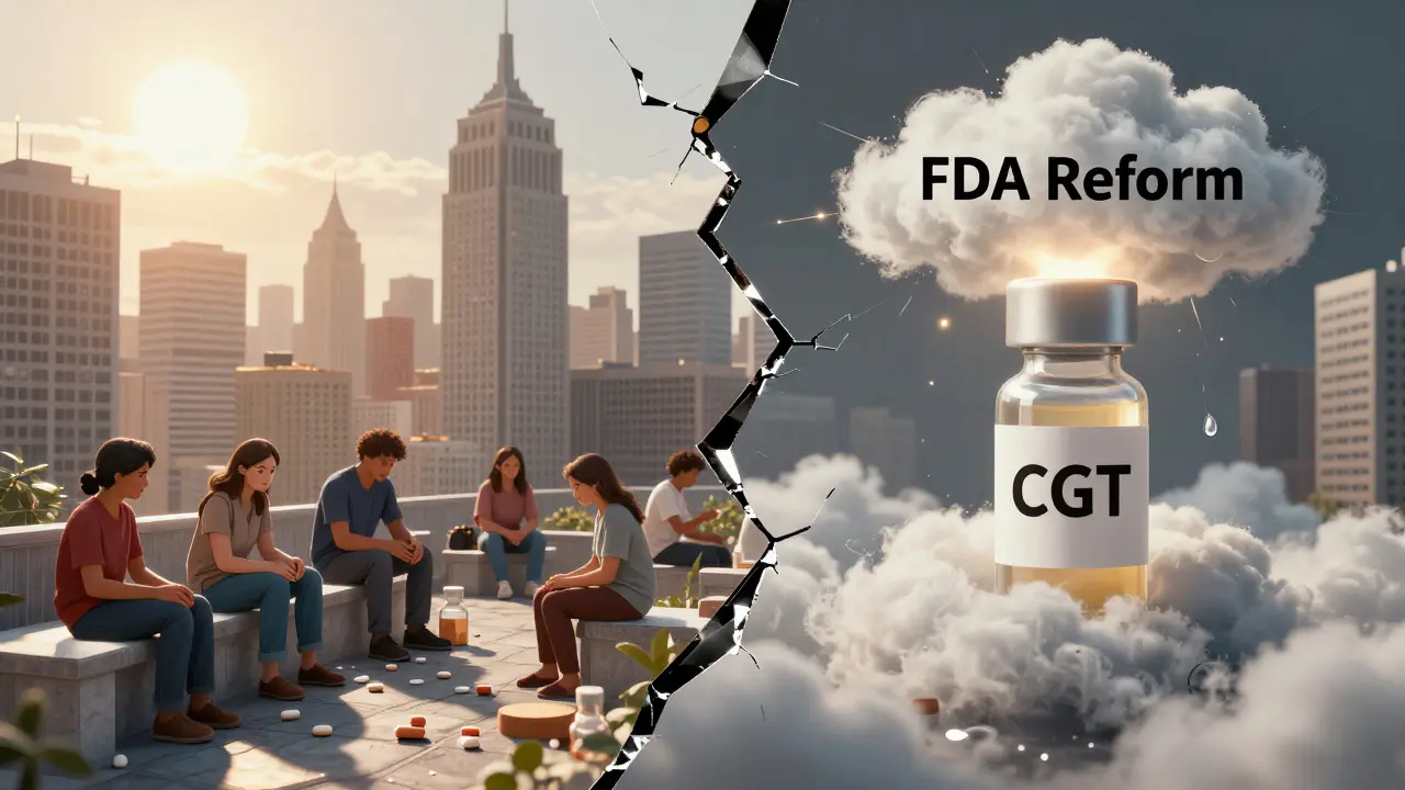 A fractured cityscape: patients suffering under brand drug prices vs. a lone generic drug launching at dawn.