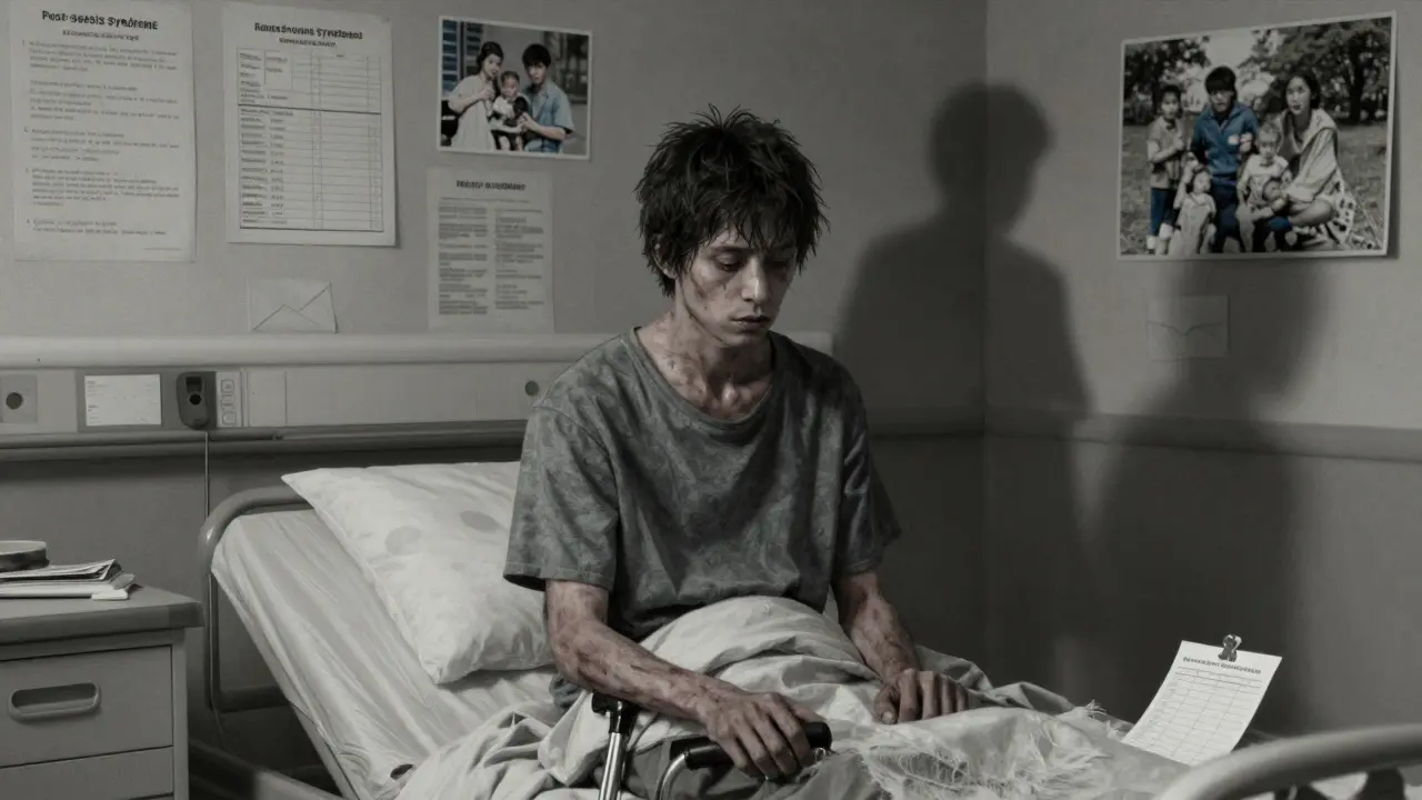 A frail survivor sitting alone with a cane, shadows of their past self behind them, showing long-term sepsis recovery struggles.