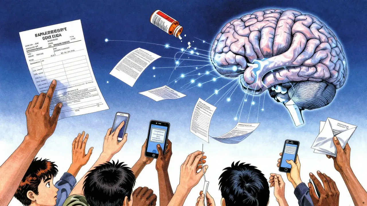 A patient's report transforming into data streams connecting to a digital brain, with diverse hands submitting forms.