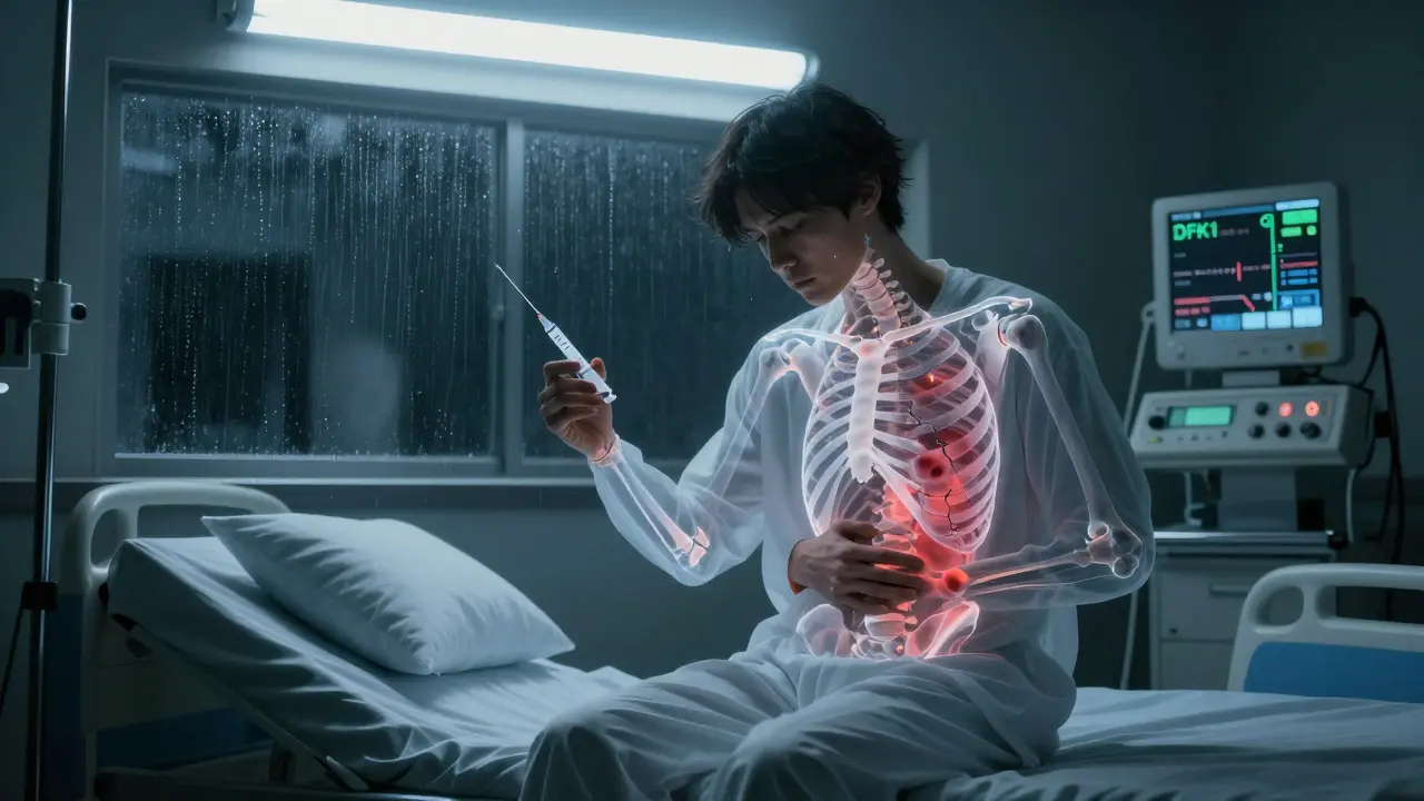 A patient holding a bone-targeting injection, with ghostly bone damage visible beneath their skin.