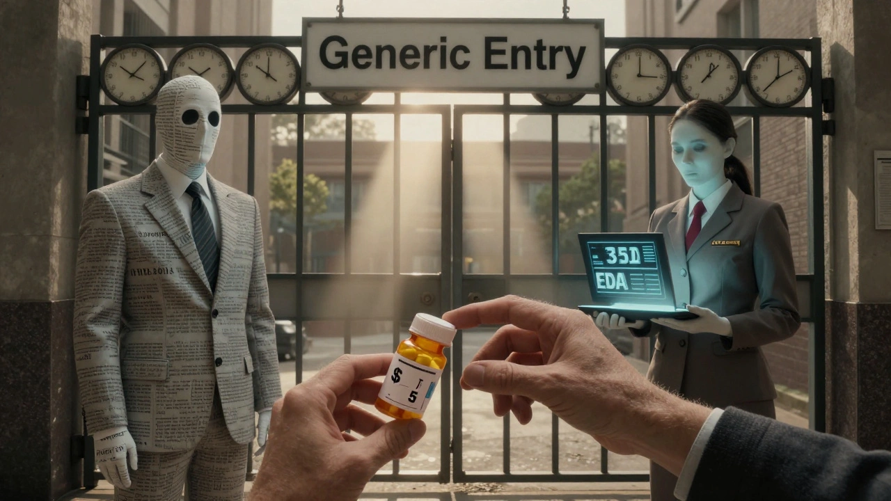 A patient reaching for an expensive pill as two ghostly figures guard a gate marked with clock faces.