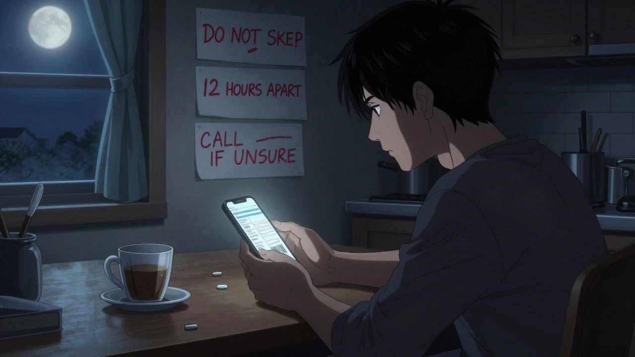 A person at night reviewing medication info on a phone, surrounded by handwritten safety reminders.