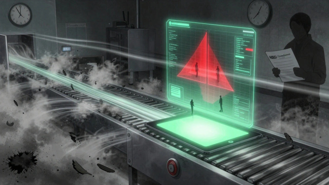 A safe tablet moves through a cleanroom with AI risk forecasts and a looming 2025 compliance deadline.
