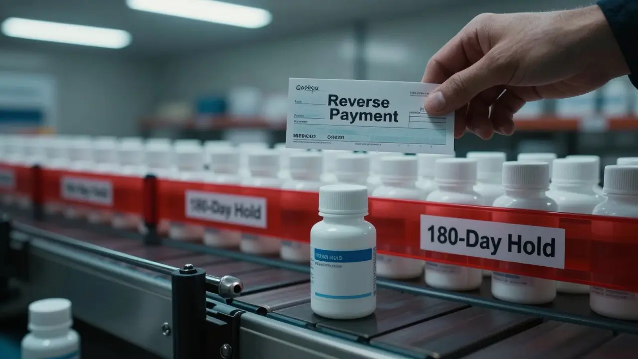 A single generic drug bottle frozen on a conveyor belt, blocked by a red '180-Day Hold' barrier.