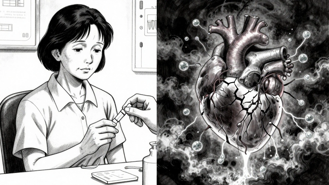 A woman at a methadone clinic with a ghostly heart losing potassium ions, symbolizing hidden cardiac risks.