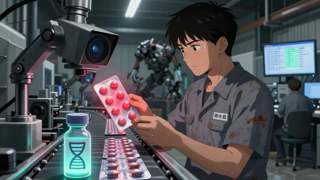 AI camera detects counterfeit pill pack on warehouse conveyor belt with DNA marker glowing under UV light.