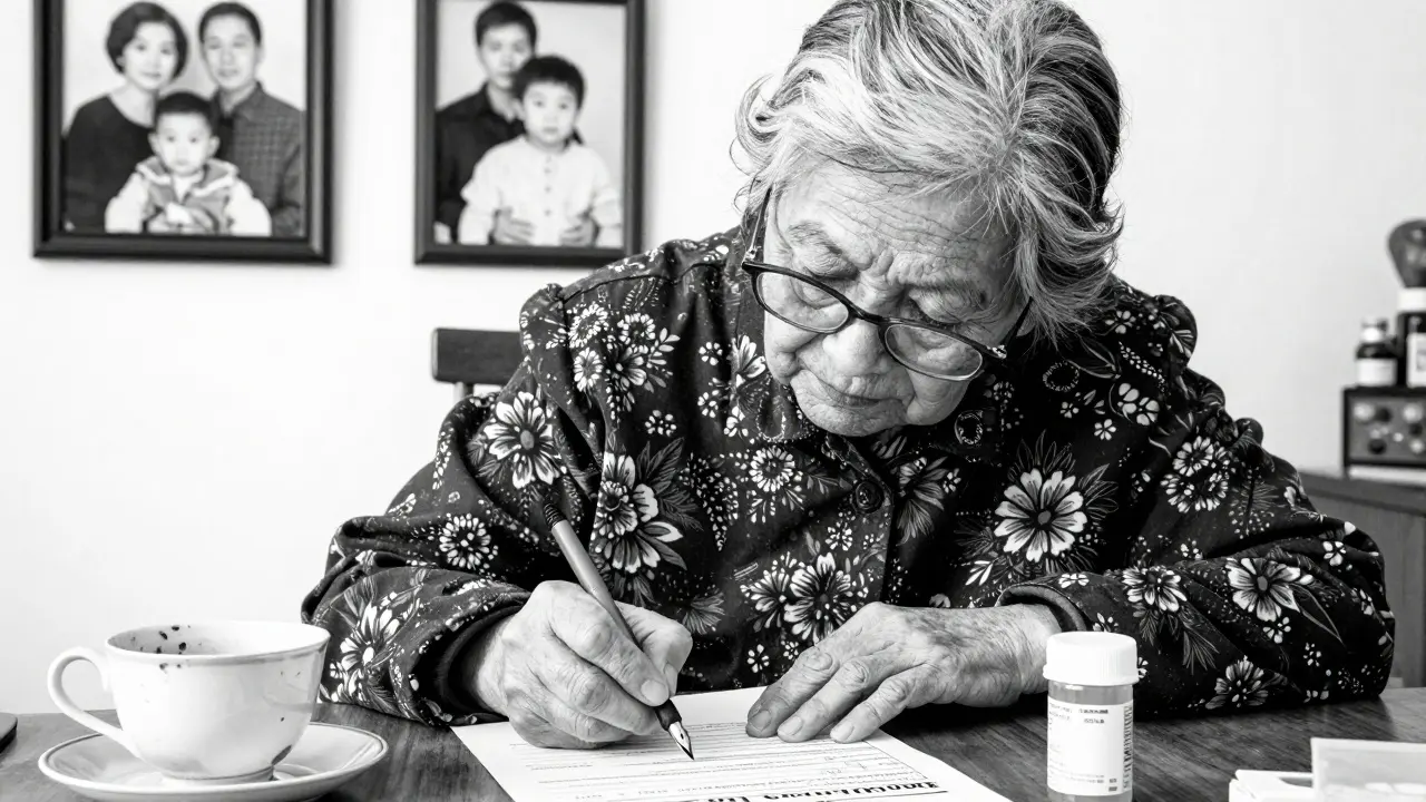An elderly woman filling out a paper FDA report with tea and pill bottle beside her.