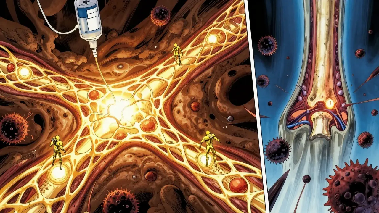 Bone tissue regenerating with golden antibodies as myeloma cells dissolve in a hopeful anime scene.