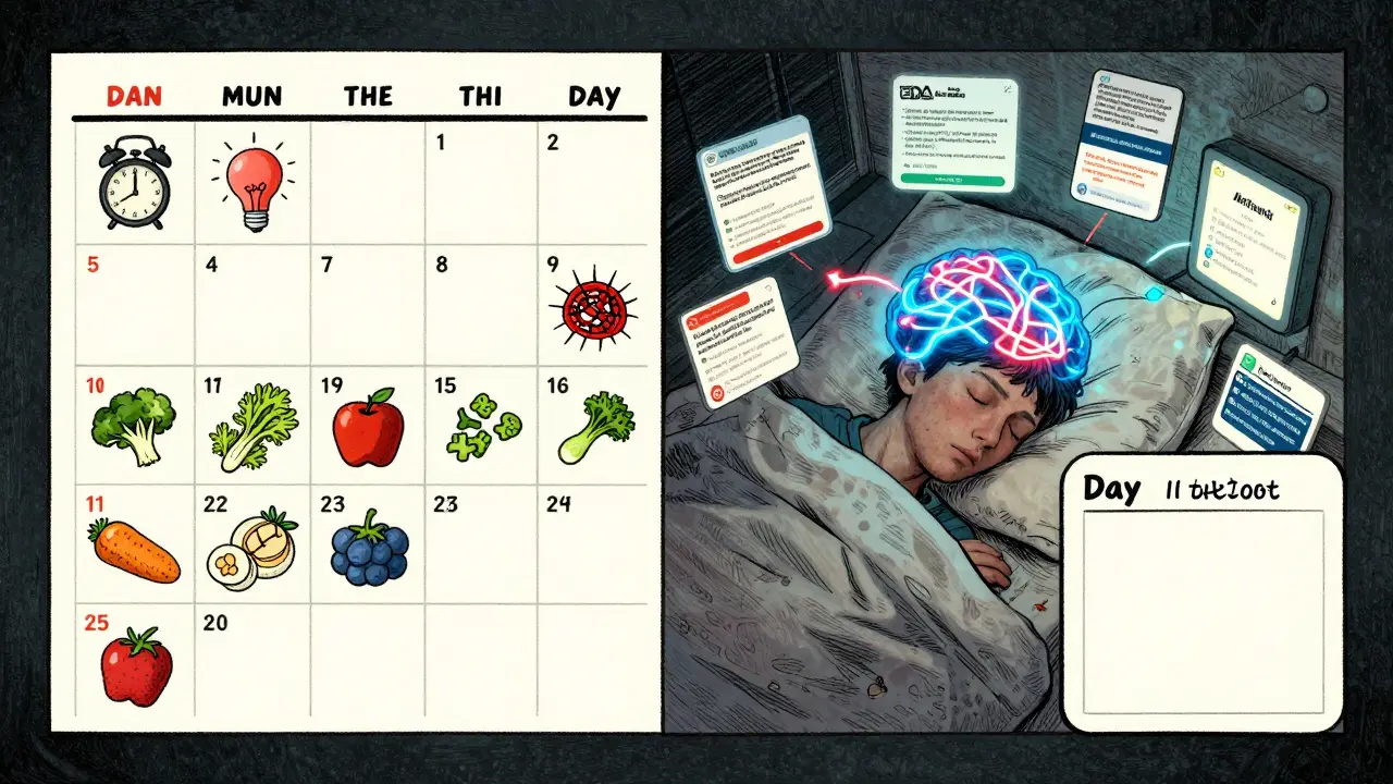 Calendar showing 21-day sleep hygiene journey with brain pathways shifting from chaos to calm under peaceful sleep.