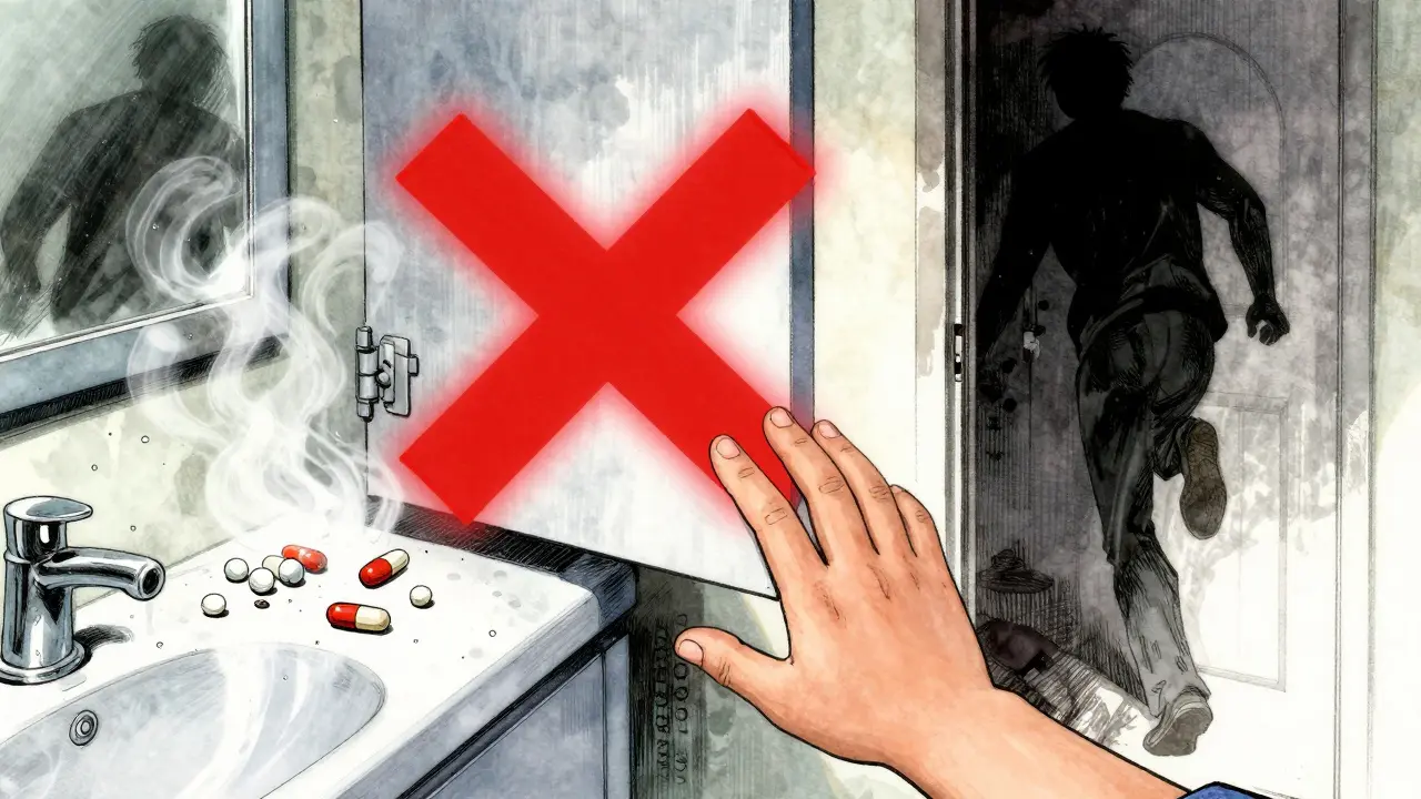 Child reaching for pills in a steamy bathroom cabinet, with a warning red X overlay.