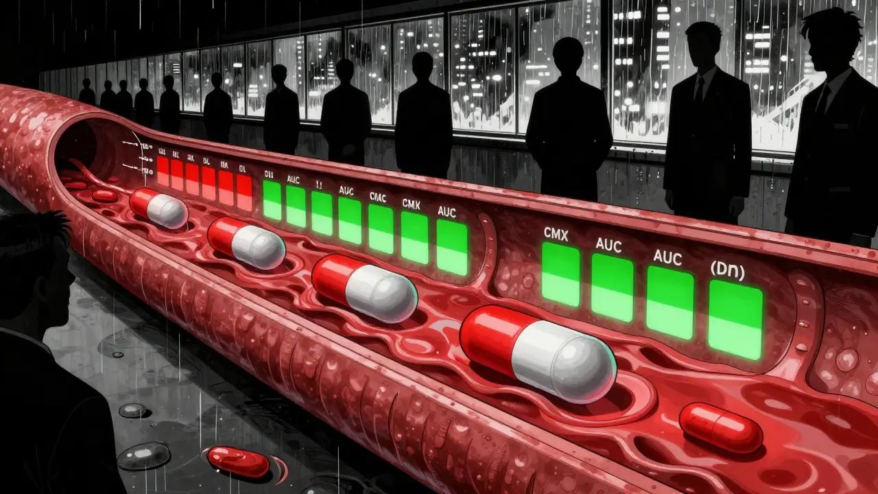 Cross-section of bloodstream showing identical drug absorption rates with bioequivalence bars.