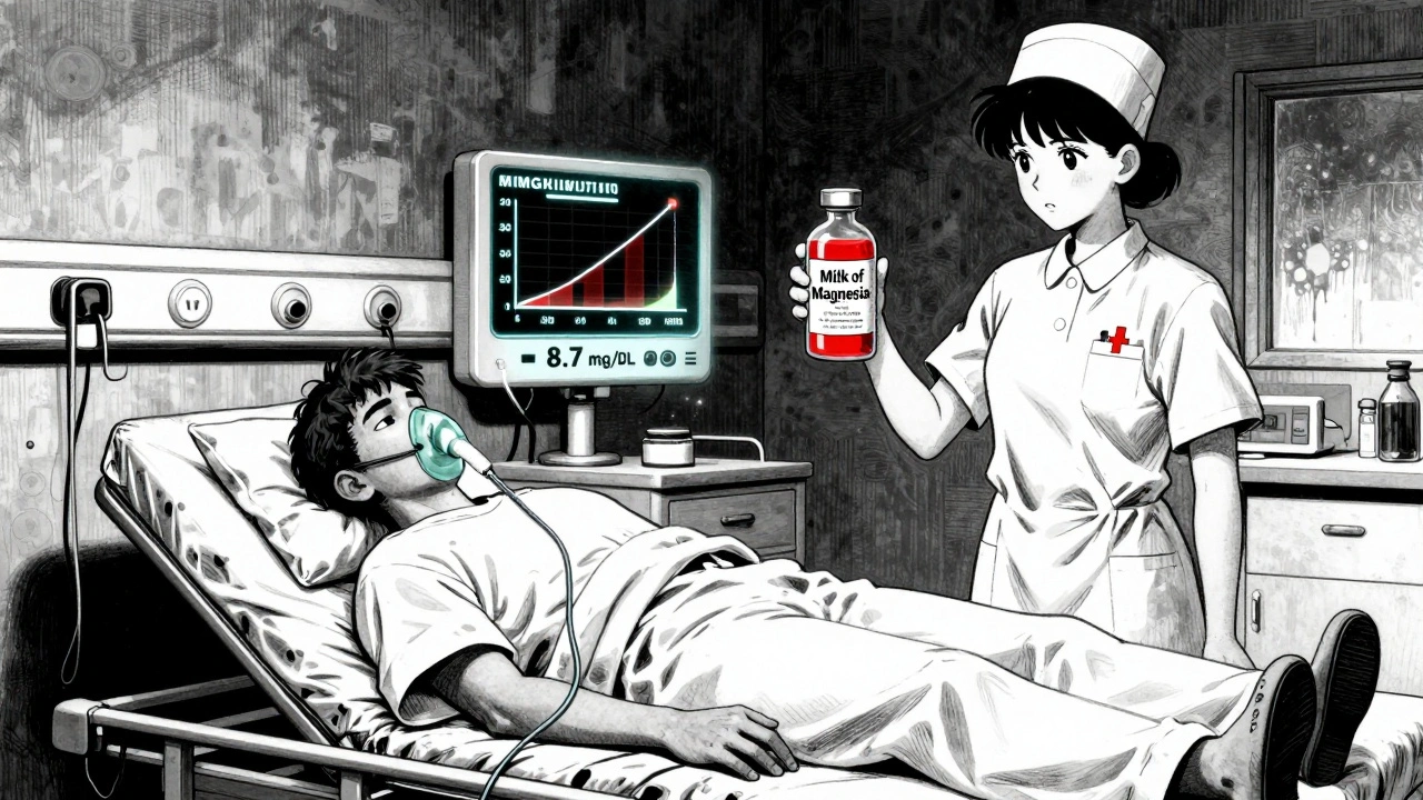 Dialysis patient in ER unconscious as magnesium vial and warning chart hover above.