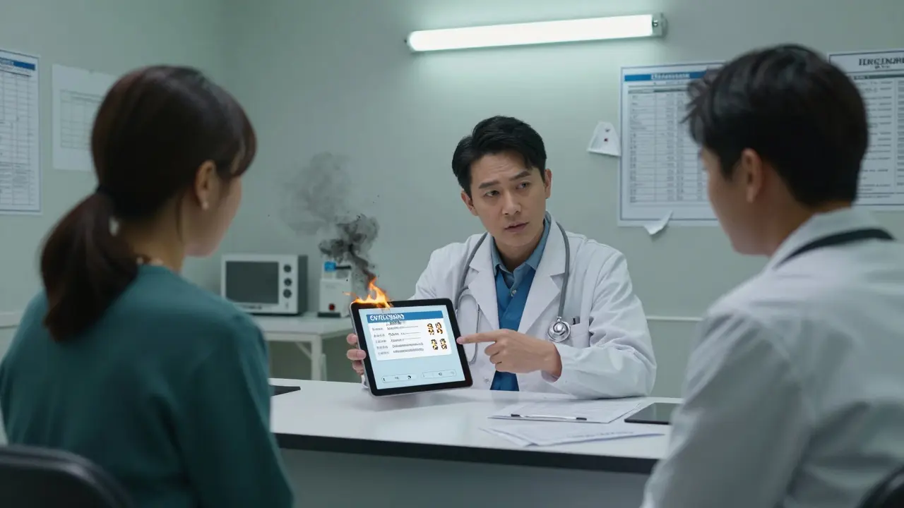 Doctor shows generic drug option to patient, coupon card disintegrating into ash beside them.