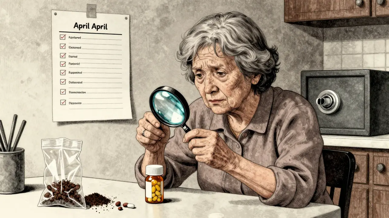 Elderly woman checking expiration dates with a checklist and expired meds ready for disposal.