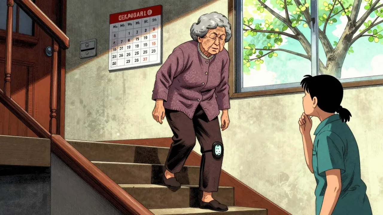 Elderly woman climbing stairs unaided, therapist watching below, wearable sensor on knee, spring light through window.