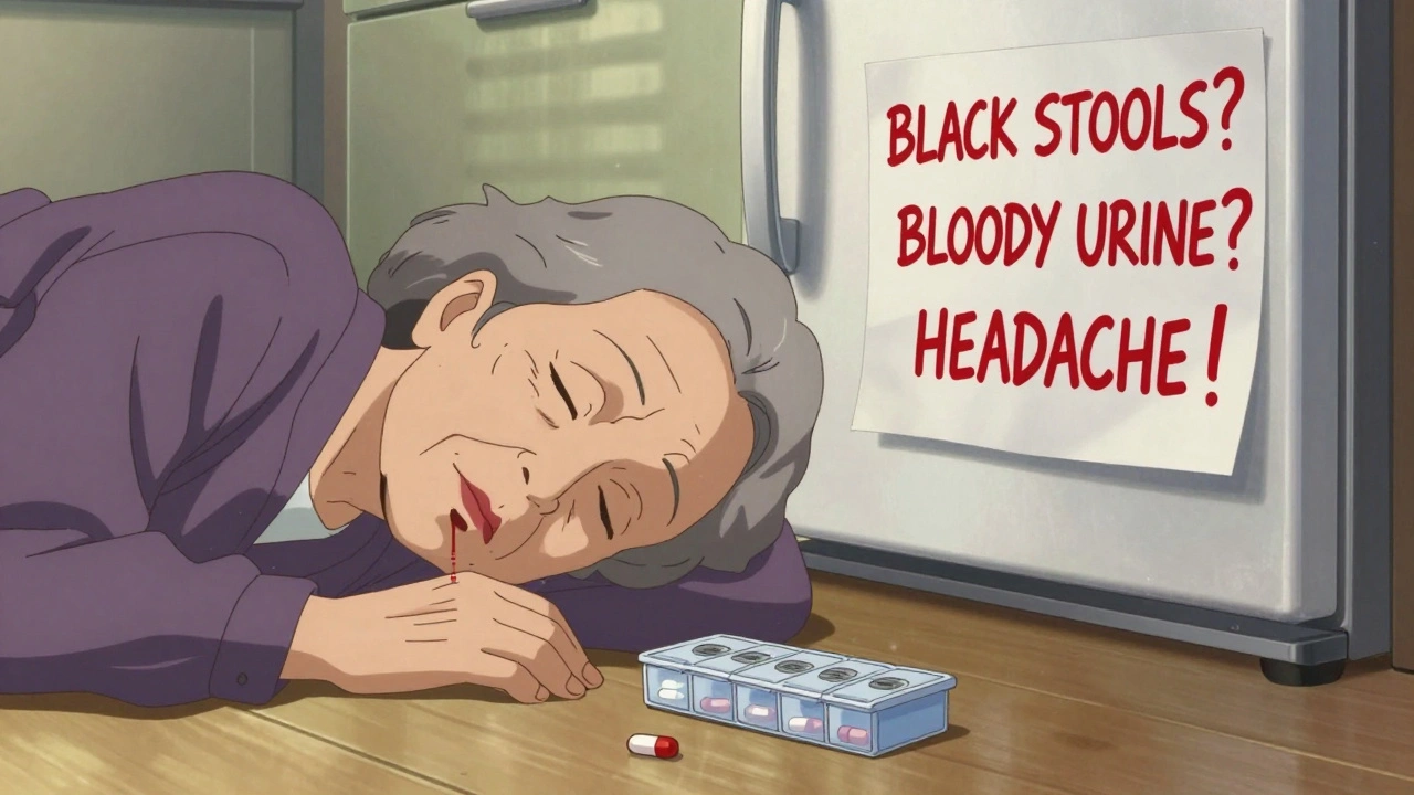 Elderly woman on kitchen floor with spilled pills and bleeding risk checklist on fridge