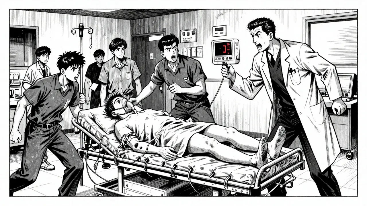 Emergency staff rushing in a hospital room, IVs and monitors glowing, capturing the urgency of the Sepsis Six protocol.