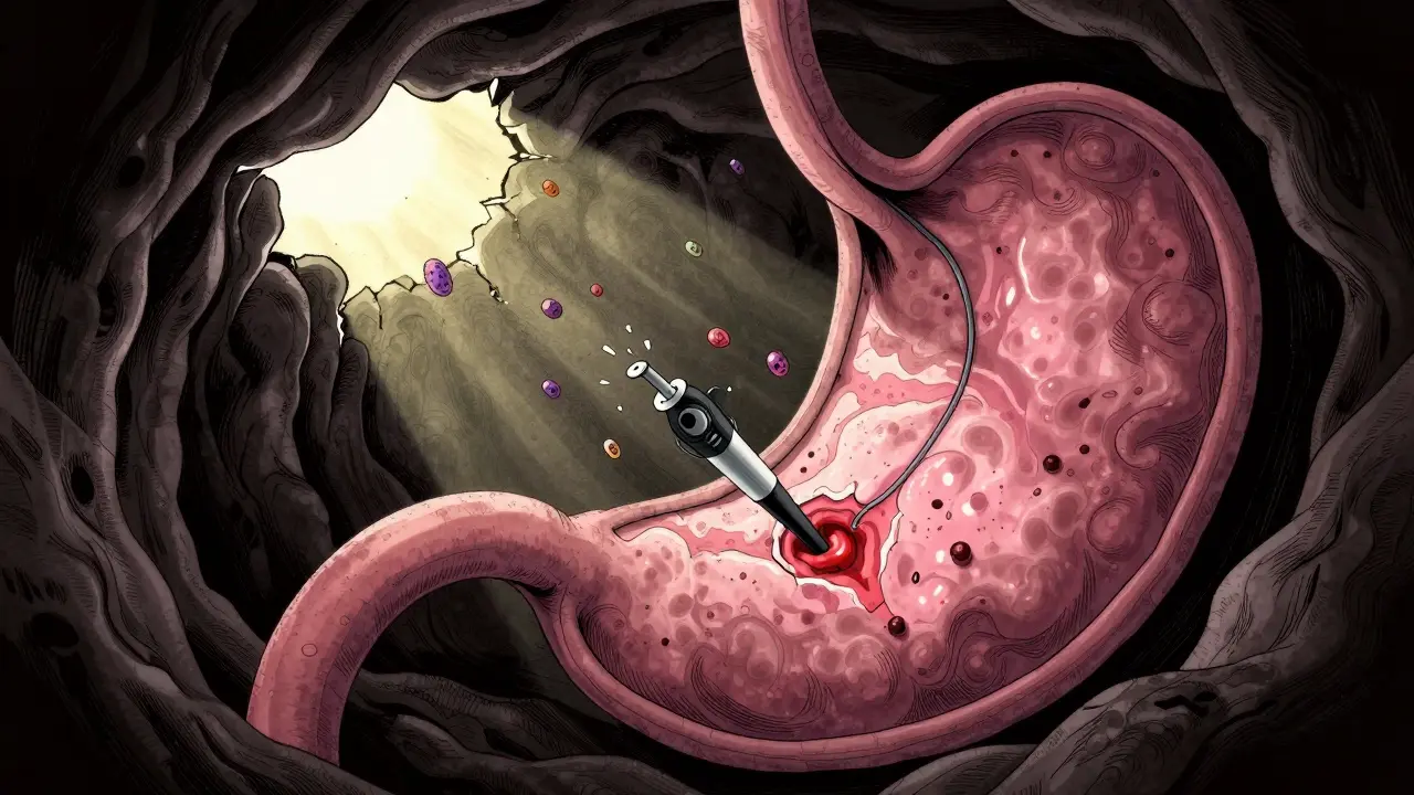 Endoscope view of a healing ulcer with light breaking through, bacteria fleeing in dark stomach.
