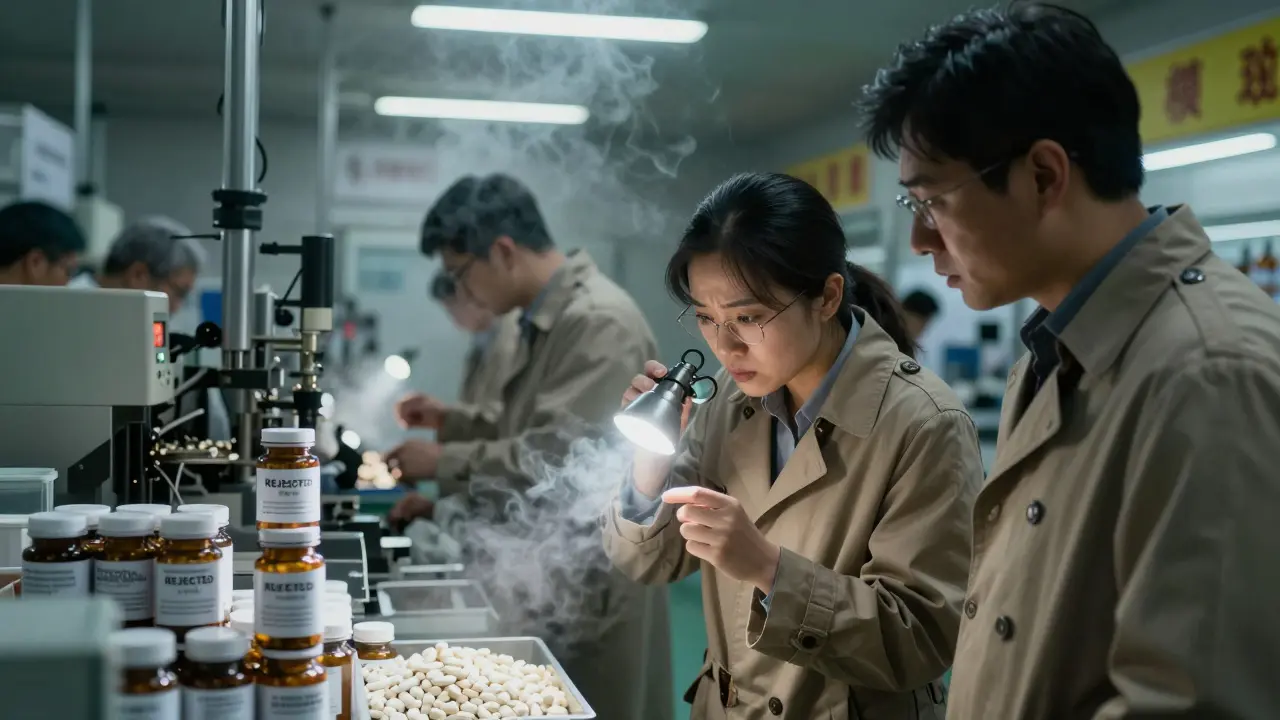 FDA inspectors examine rejected pills in a foreign manufacturing plant at night.