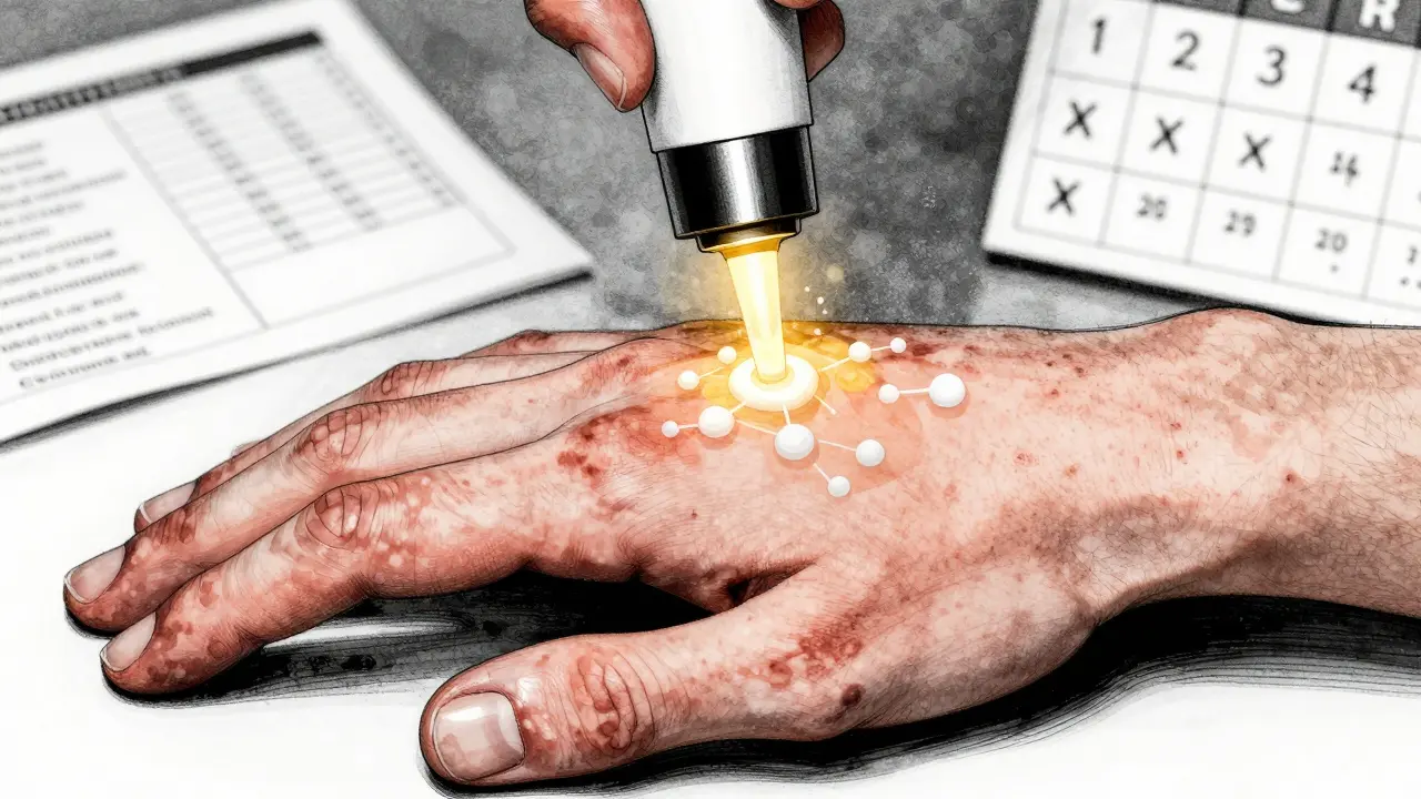 Hands showing vitiligo patches with returning pigment and topical cream molecules.