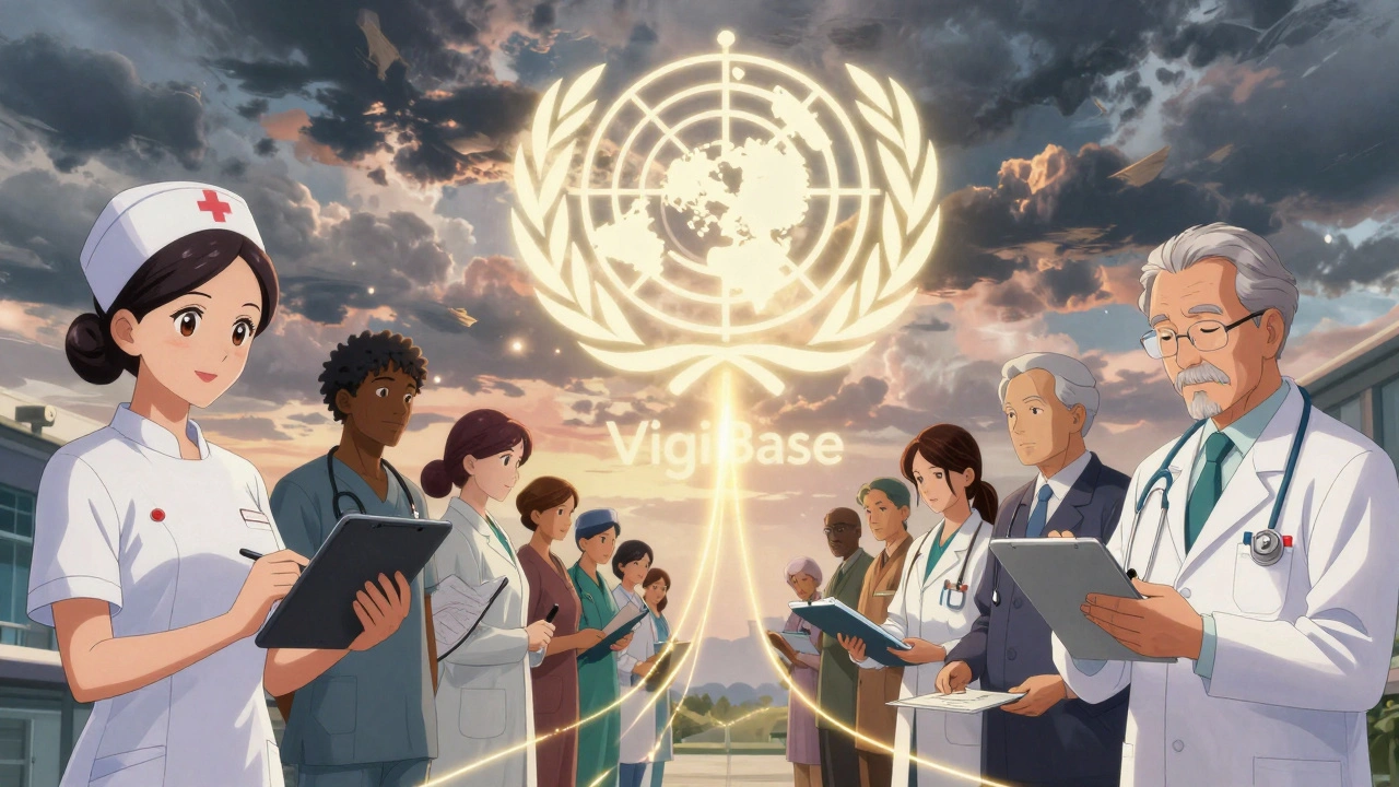 Healthcare workers from different countries connected by a golden thread forming the WHO VigiBase logo at dawn.