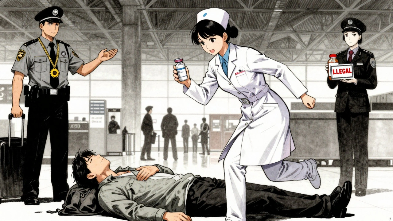 Medical emergency at airport with nurse administering insulin as customs officer holds seized pills.
